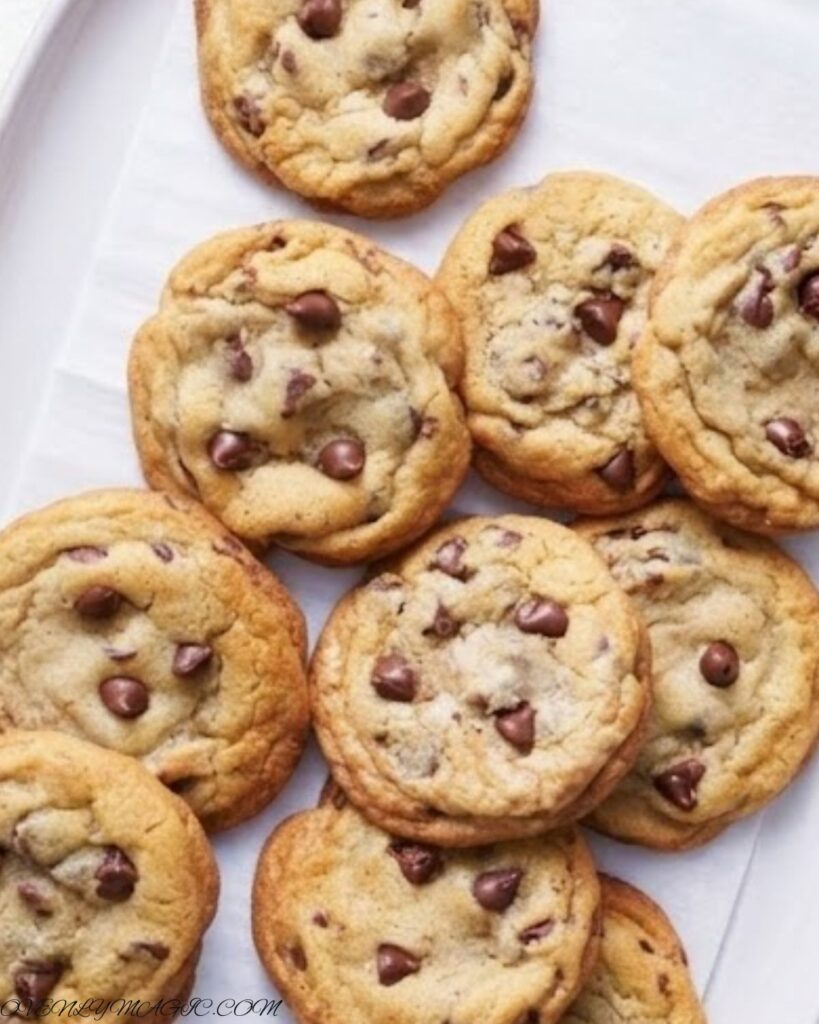 Freshly baked chocolate chip cookies with golden edges, chewy centers, and melted chocolate chips, stacked on a cooling rack.