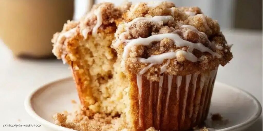 Freshly baked muffins in a tin, golden brown with streusel topping, some muffins cut open to show soft, tender inside.