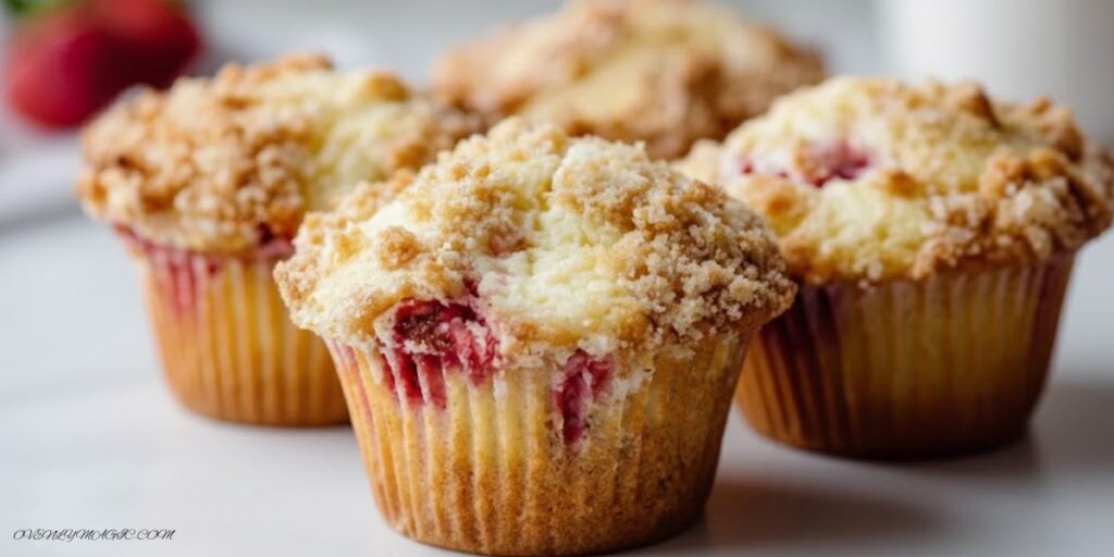 Freshly baked strawberry cream cheese muffins on a cooling rack – soft, golden muffins with a creamy center and fresh strawberry chunks.