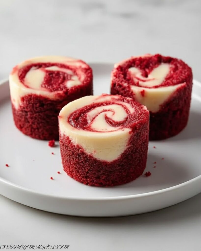Fudgy red velvet brownie bites in a mini muffin pan with cream cheese swirl