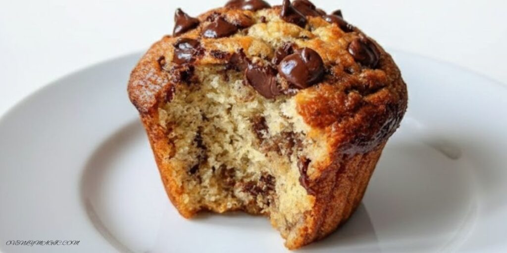 Healthy banana chocolate chip muffins fresh out of the oven with golden tops