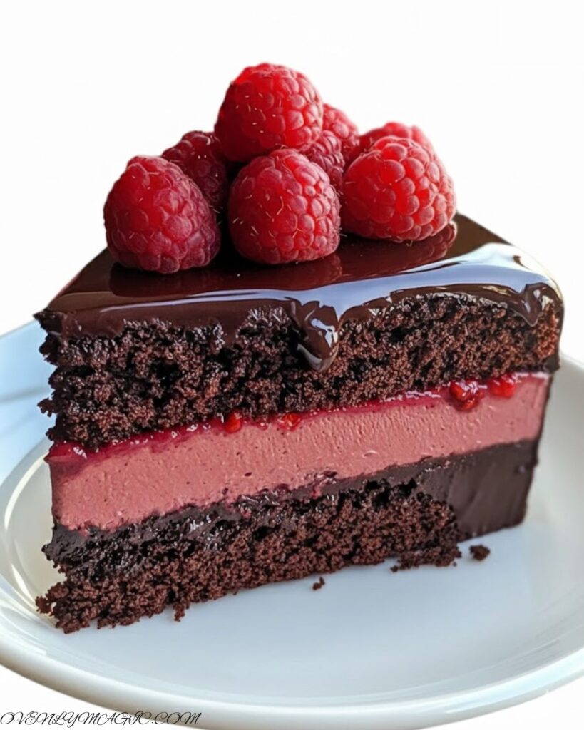 Layered dark chocolate raspberry cake ready for special occasions