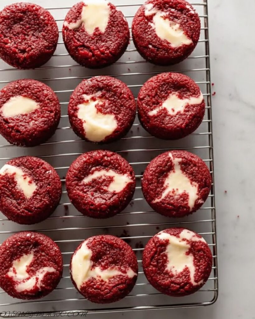 Mini red velvet brownie bites with swirled cream cheese ready to bake