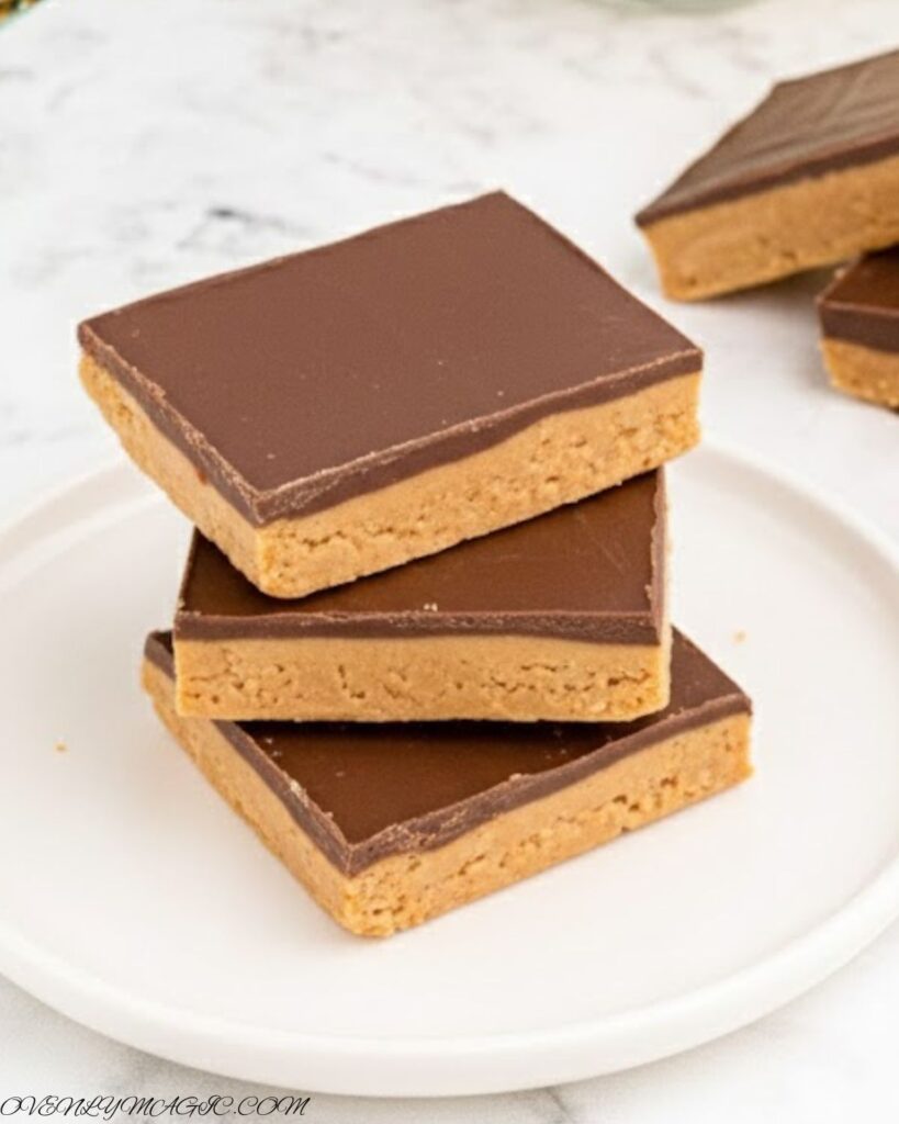 No-Bake Peanut Butter Bars topped with chocolate, sliced into squares on a parchment-lined tray