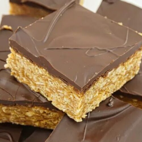 No Bake Peanut Butter Oat Bars chilling in the refrigerator before