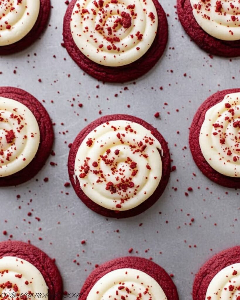 Plate of frosted red velvet cupcake cookies arranged neatly, showcasing their soft, domed texture and vibrant red color.