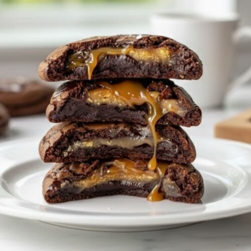 Plate of homemade salted caramel chocolate cookies drizzled with caramel sauce and sprinkled with sea salt flakes