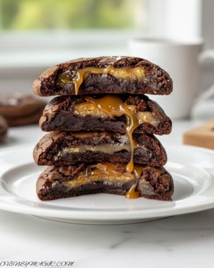 Plate of homemade salted caramel chocolate cookies drizzled with caramel sauce and sprinkled with sea salt flakes