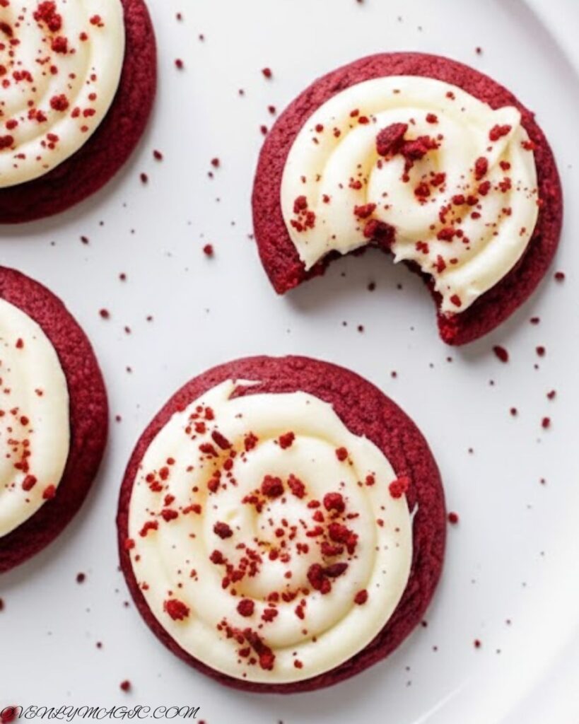 Red velvet cupcake cookies stacked on a tiered dessert stand with sprinkles and crumbs for decoration.