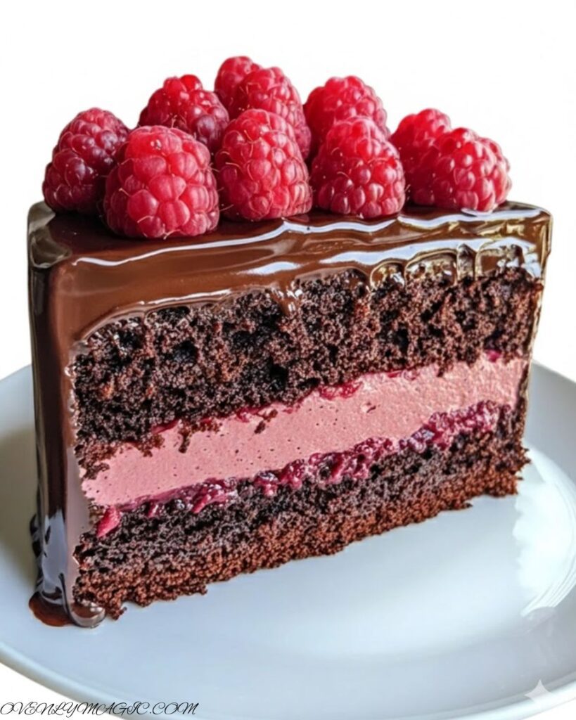 Slice of decadent chocolate mousse cake with raspberry layer