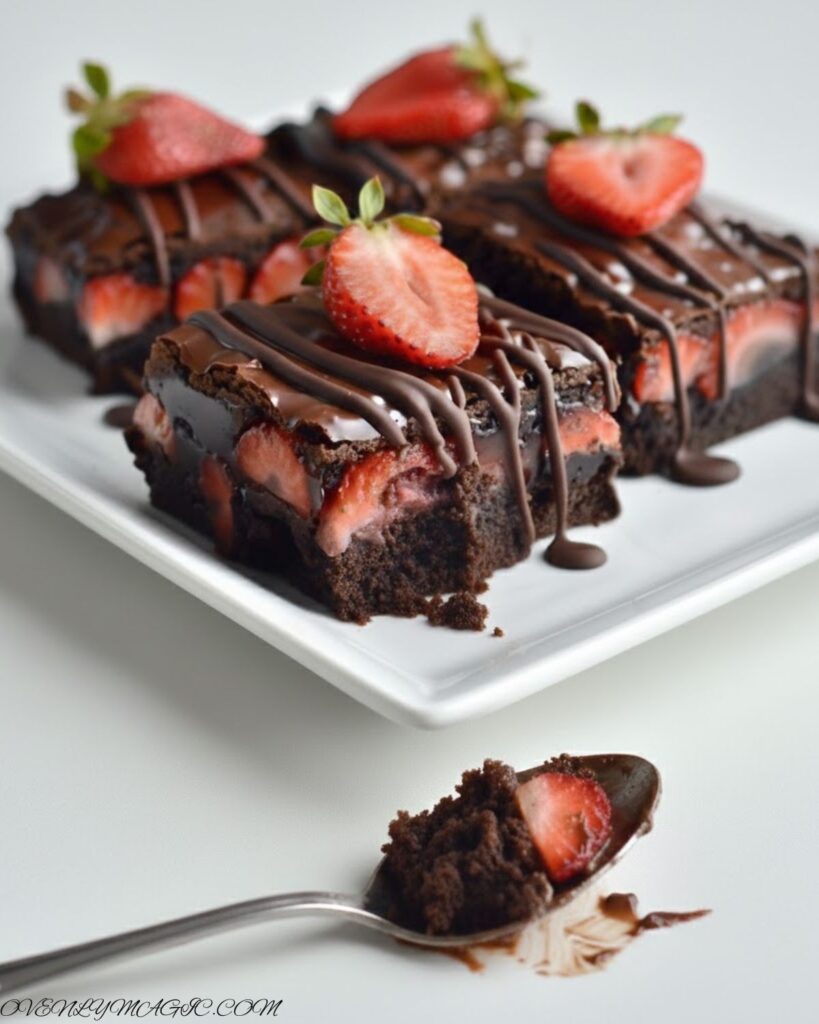  Slice of fudgy chocolate brownie topped with strawberries and smooth ganache