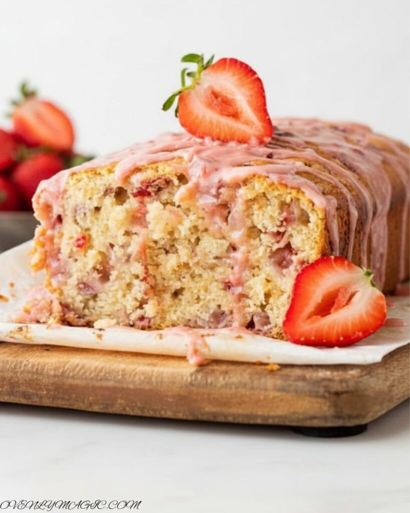 Slice of moist strawberry banana bread showing soft crumb and strawberry pieces