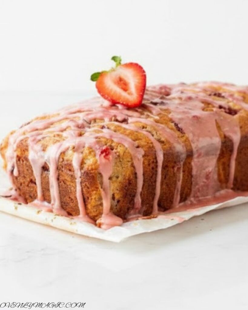 Slice of moist strawberry banana bread showing soft crumb and strawberry pieces