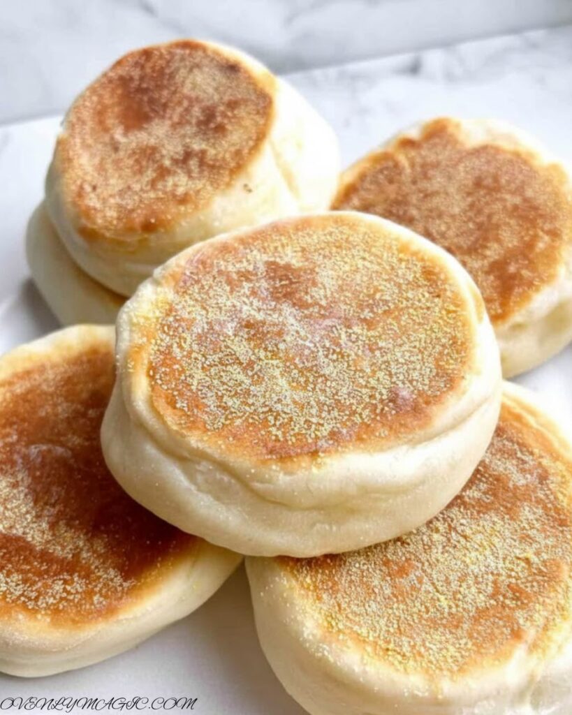 Split English Muffins toasted, with butter, jam, or eggs — breakfast-ready setup.