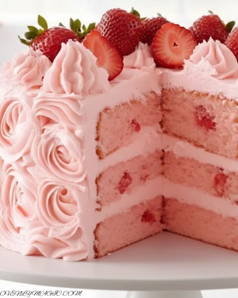 Strawberry Cake with Strawberry Frosting on a white plate, topped with fresh strawberries, soft and moist pink layers visible