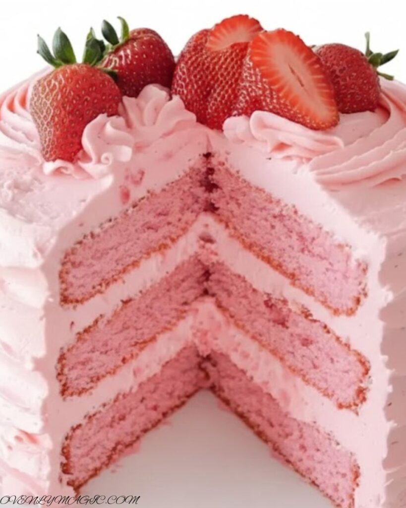 Strawberry Cake with Strawberry Frosting on a white plate, topped with fresh strawberries, soft and moist pink layers visible