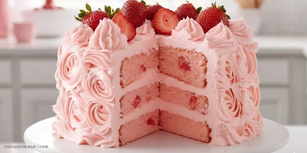 Strawberry Cake with Strawberry Frosting on a white plate, topped with fresh strawberries, soft and moist pink layers visible