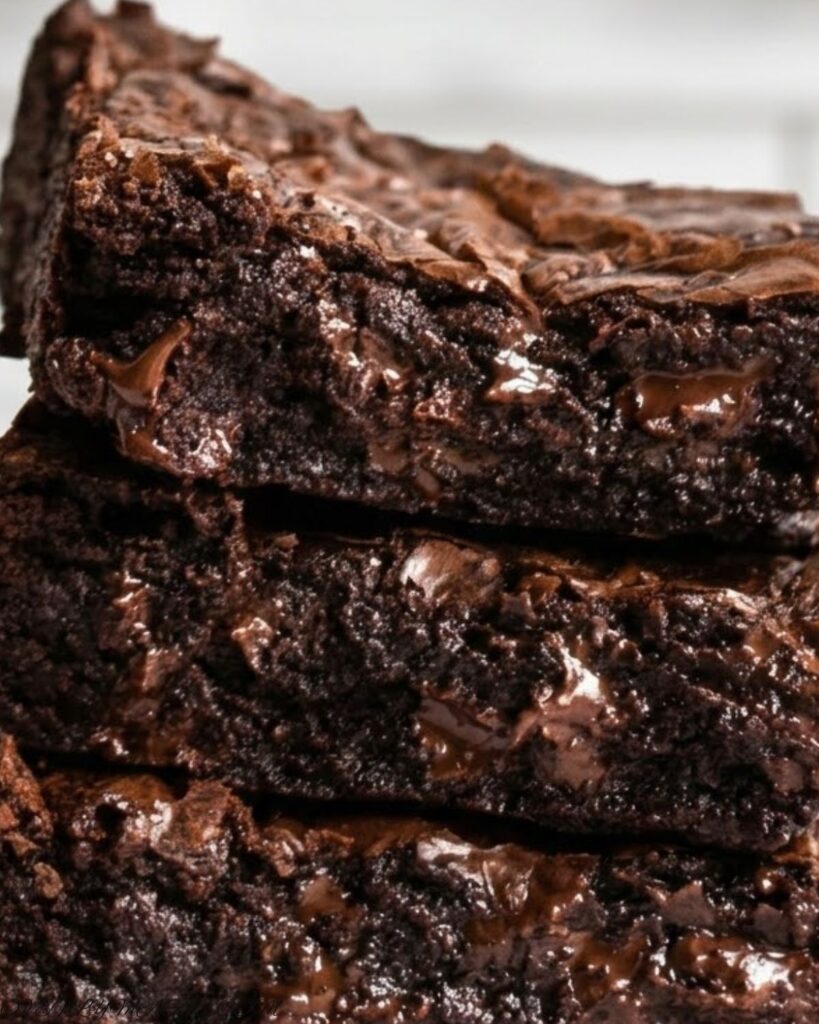 Fudgy Brown Butter Brownies with a shiny, crinkly top, melty chocolate chips, and rich nutty flavor, cut into squares on a parchment-lined pan