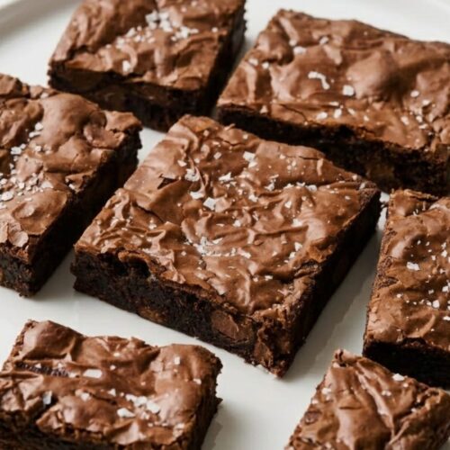 Fudgy Malted Brownies with brown butter, malted milk powder, melty chocolate chips, and shiny crinkly top, served in squares on a parchment-lined pan.