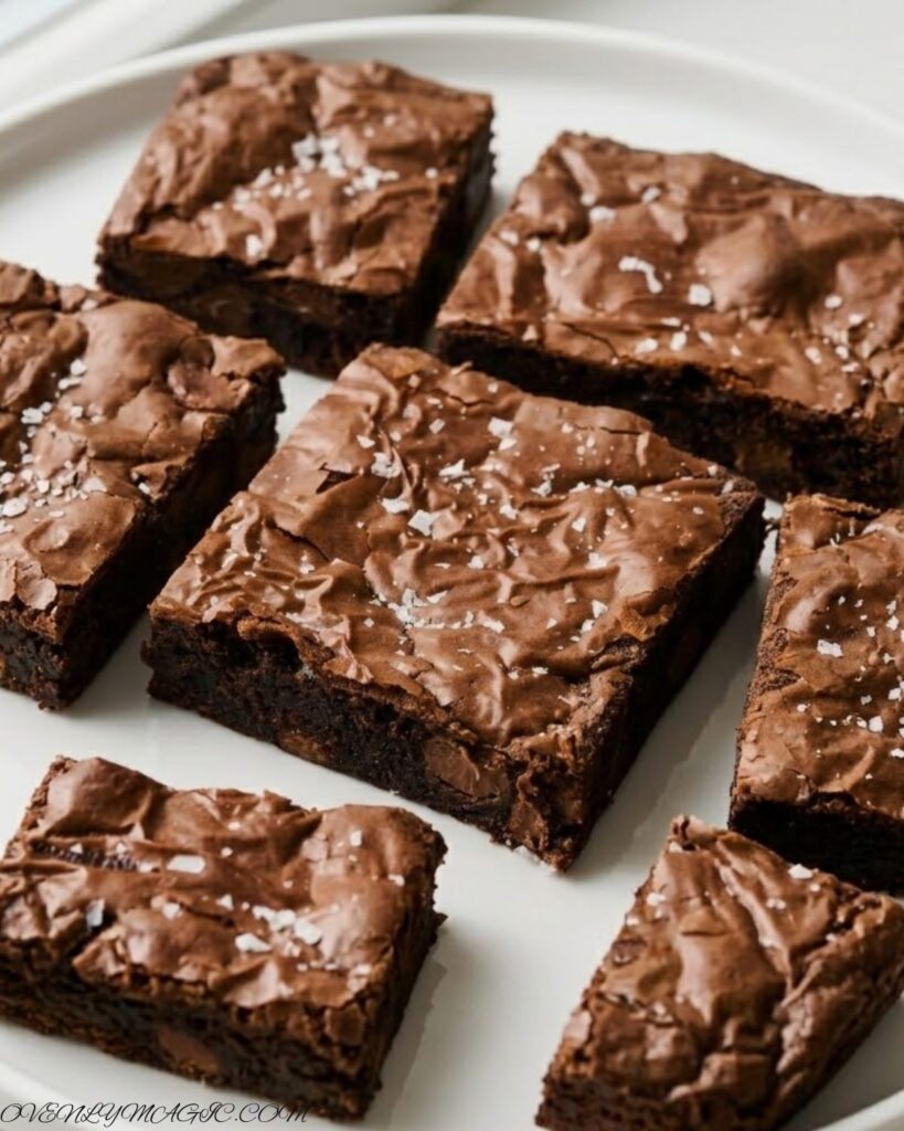 Fudgy Malted Brownies with brown butter, malted milk powder, melty chocolate chips, and shiny crinkly top, served in squares on a parchment-lined pan.