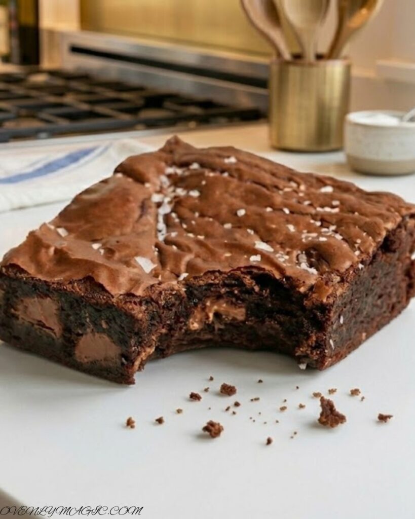 Fudgy Malted Brownies with brown butter, malted milk powder, melty chocolate chips, and shiny crinkly top, served in squares on a parchment-lined pan.