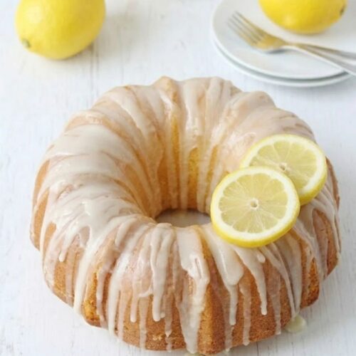 Moist lemon bundt cake with glossy lemon glaze drizzle