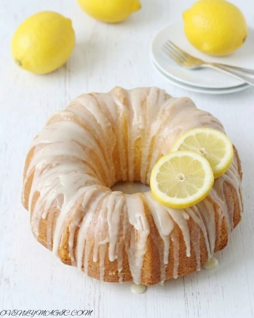 Moist lemon bundt cake with glossy lemon glaze drizzle