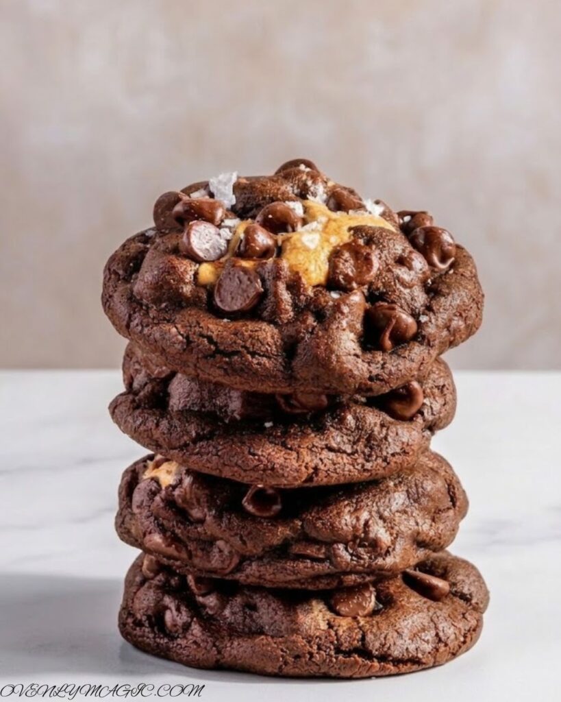 Homemade peanut butter stuffed chocolate cookies served on a plate