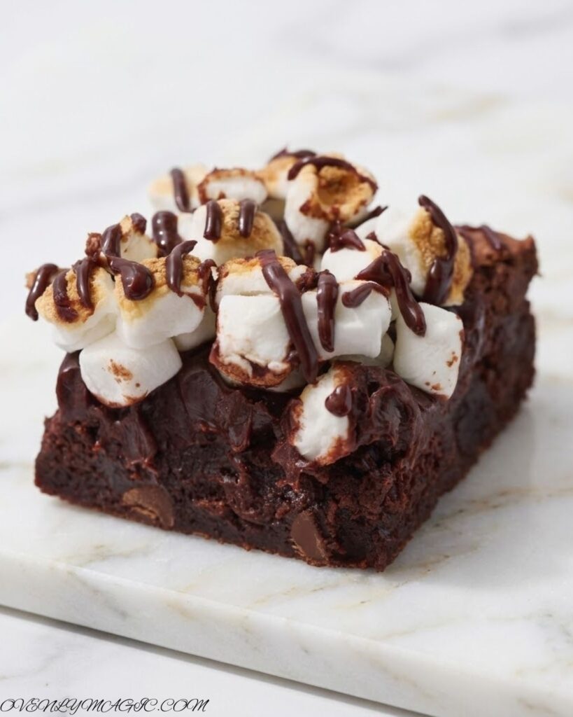 Chocolate brownies topped with ganache and toasted marshmallows