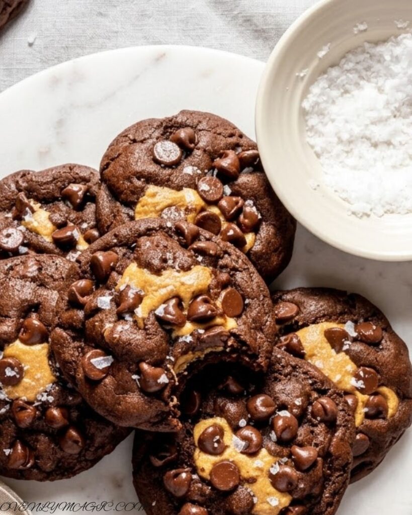 Peanut butter filling balls prepared for stuffed chocolate cookies