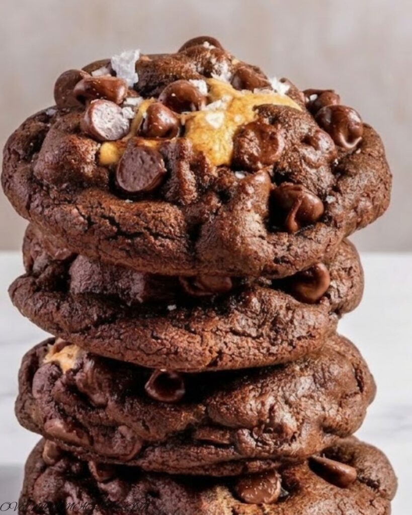 Close-up of a peanut butter stuffed chocolate cookie showing the creamy peanut butter filling
