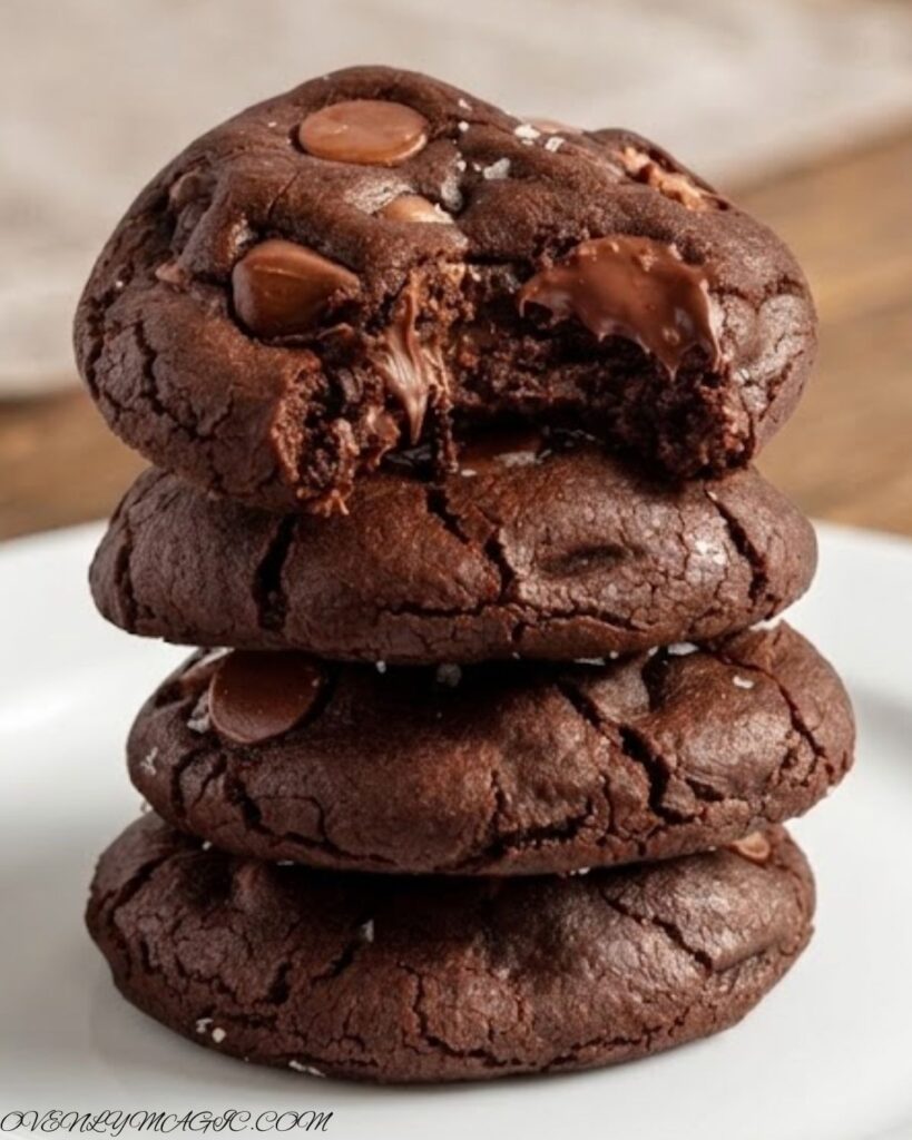 Freshly baked double chocolate chip cookies with melty chocolate chunks on a counter