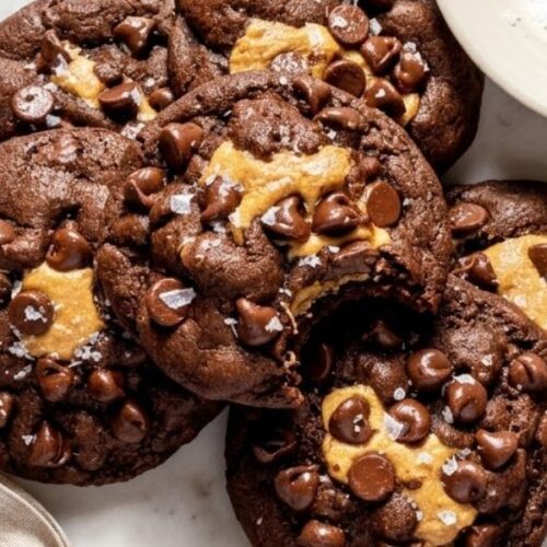 Peanut Butter Stuffed Chocolate Cookies with a creamy peanut butter center and chocolate chips