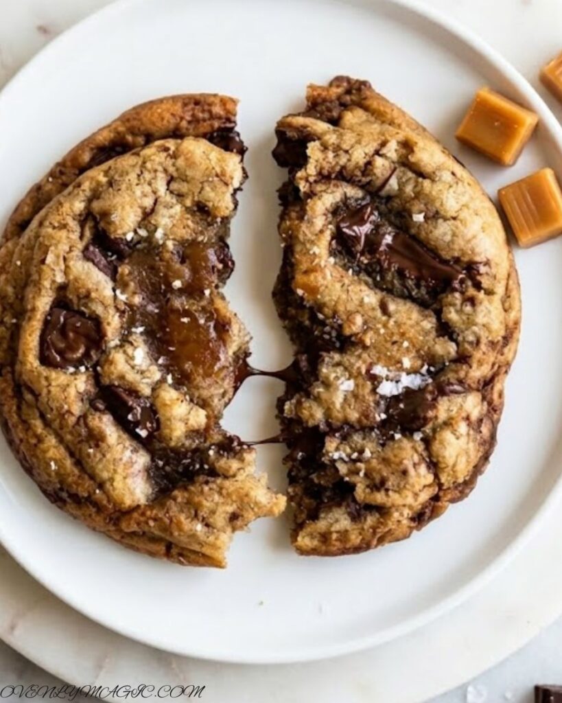 Close-up of a Browned Butter Toffee Chocolate Chip Cookie showing melted chocolate and toffee bits