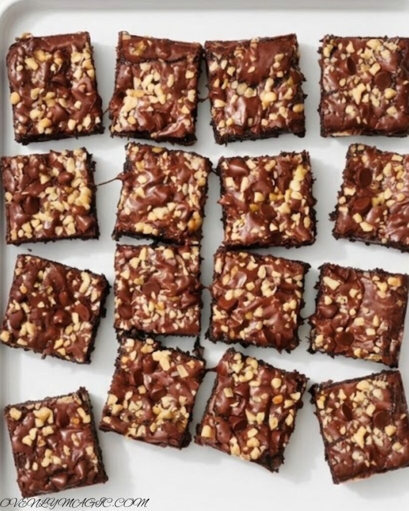 Soft and chewy toffee brownies on parchment paper
