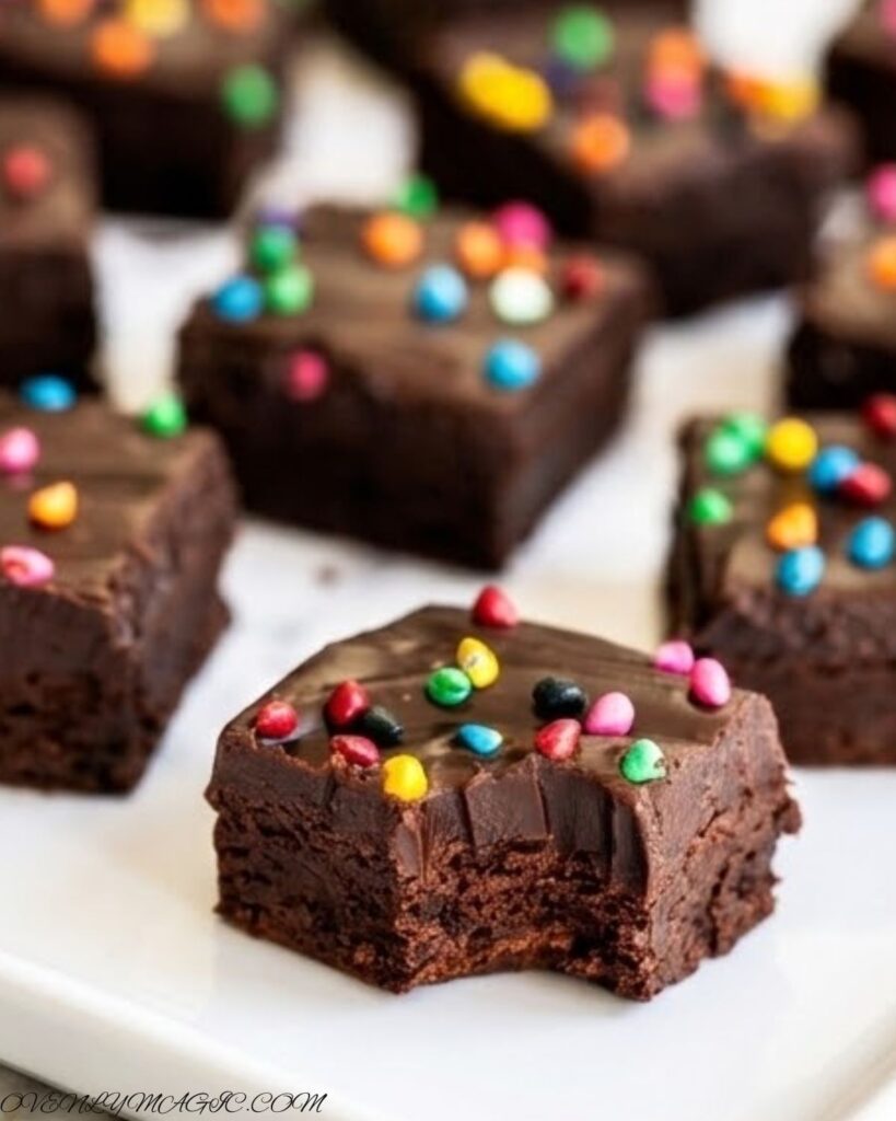 Homemade cosmic brownies cut into squares with colorful candy topping