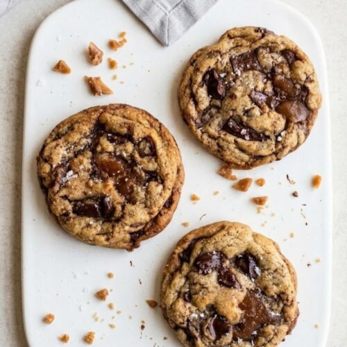 Stack of soft Browned Butter Toffee Chocolate Chip Cookies with crispy edges and gooey centers