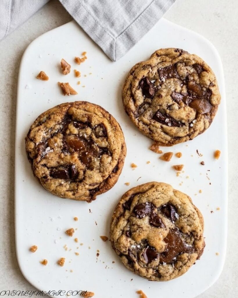 Stack of soft Browned Butter Toffee Chocolate Chip Cookies with crispy edges and gooey centers
