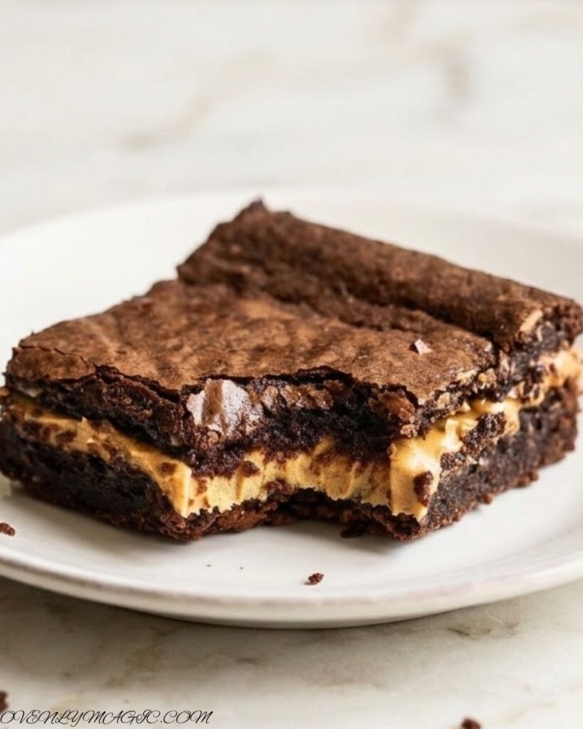 Thick, rich brownies with melted chocolate and peanut butter filling