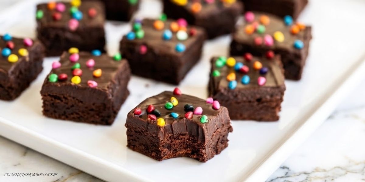 Cosmic brownies with chocolate frosting and rainbow candy chips