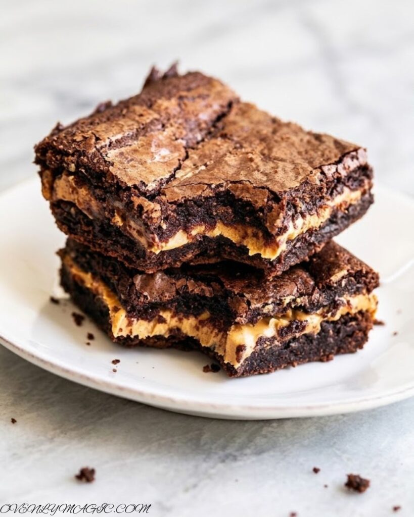 Homemade peanut butter stuffed brownies served on a plate