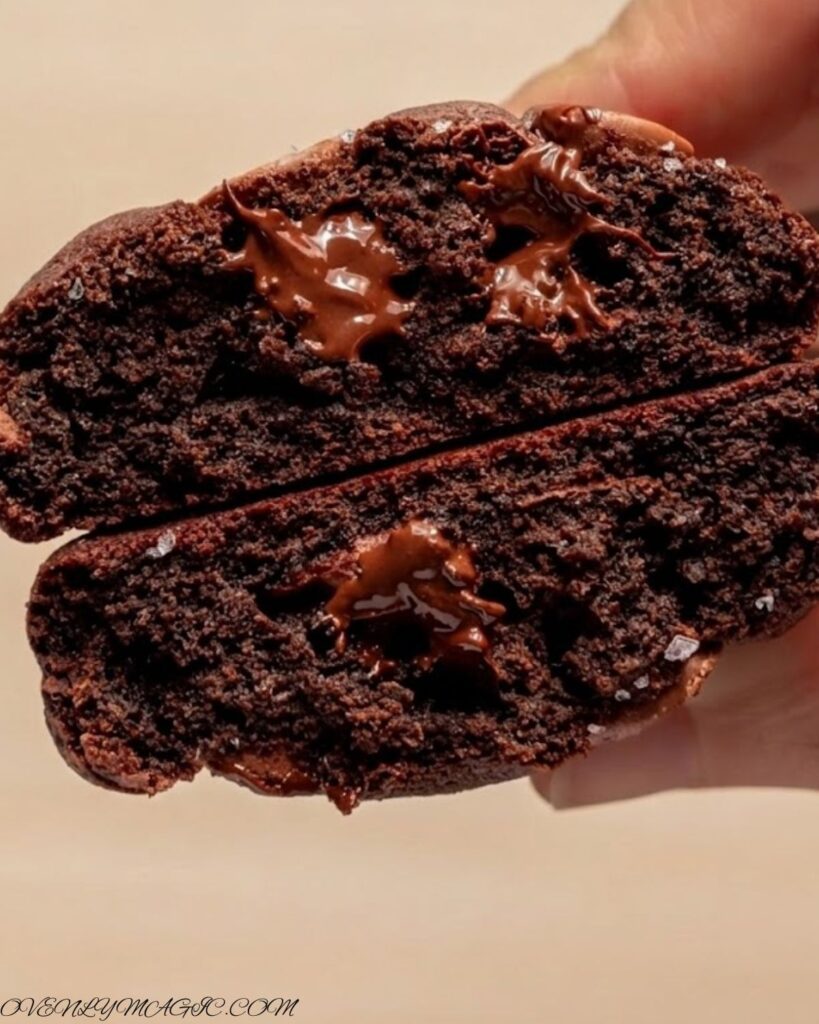 Warm double chocolate chip cookie broken in half, showing gooey chocolate inside