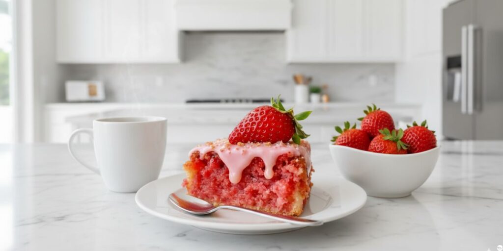  Single slice of strawberry honeybun cake on white plate with pink glaze dripping down sides fresh strawberry on top and bowl of strawberries beside